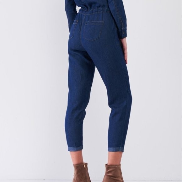 Dark Blue Long Sleeve Button Down Front Self-Tie Waist Denim Jumpsuit - Picture 5 of 5